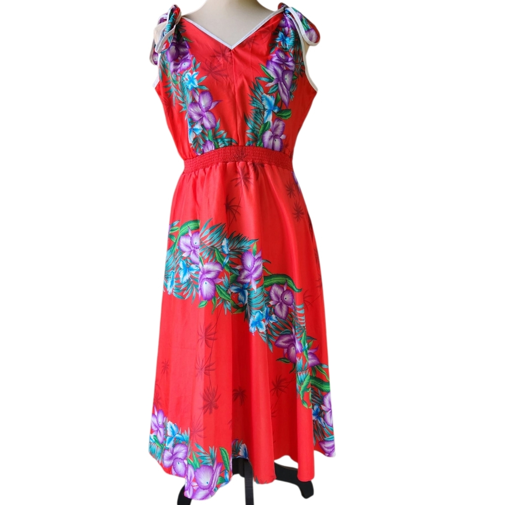 Vintage 70s Helena’s Hawaiian Dress Red Orchid Print Made in USA Size L Tropical